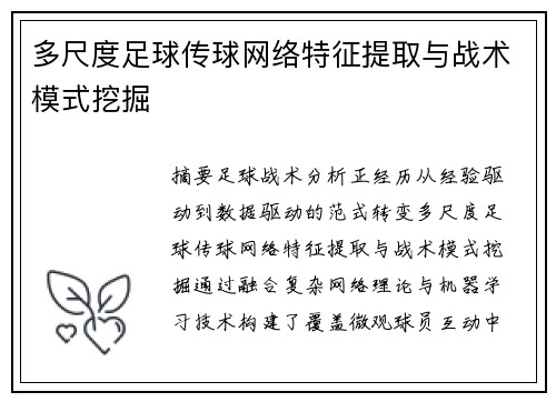 多尺度足球传球网络特征提取与战术模式挖掘